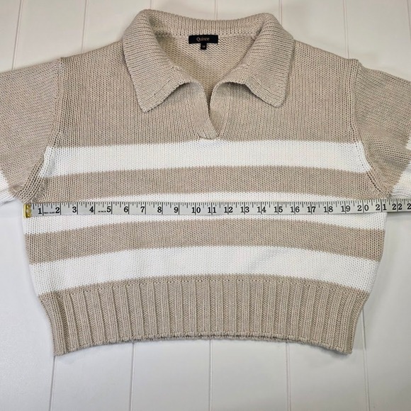 Quince Women's Medium Organic Cotton Cropped Polo Sweater Beige Ivory Stripe - Picture 8 of 9